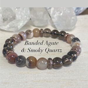 2/$40 - Banded Agate & Smoky Quartz Gemstone Stretchy Bracelet - Unisex - 8 mm